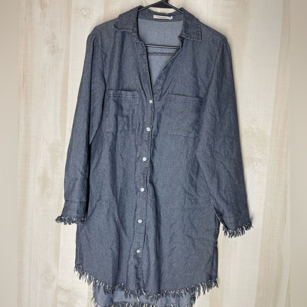 Francis Cabrel denim‎ shirt dress distressed hem and cuffs, size small